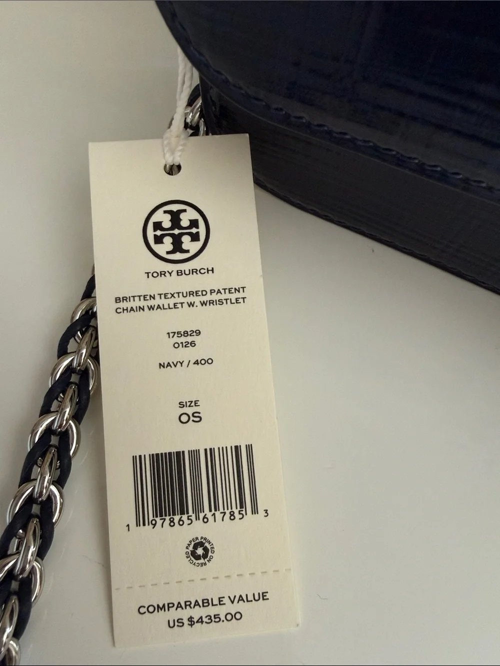 NWT , TORY BURCH BRITTEN TEXTURED PATENT CHAIN WALLET W. WRISTLET NAVY